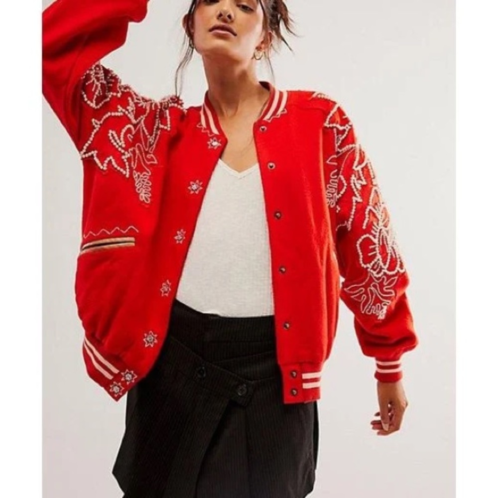 Free People Pretty In Pearls Bomber Jacket